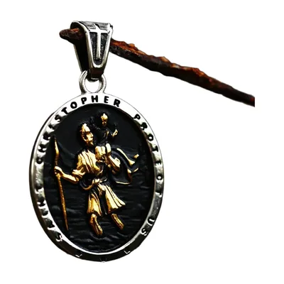 Colgante de San Cristóbal con Detalle Dorado, Acero Inoxidable