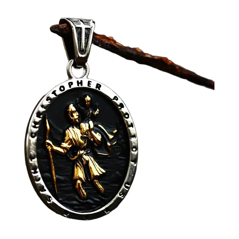 Collier Pendentif Saint Christophe avec Détail Doré, Acier Inoxydable