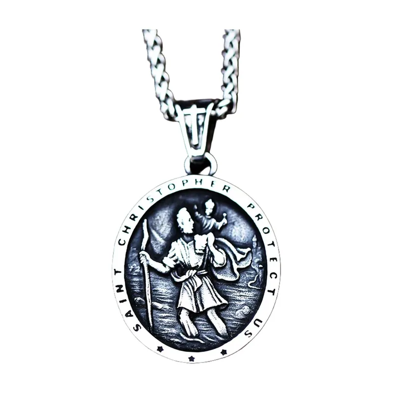 Saint Christopher Pendant with Rope Chain, Stainless Steel