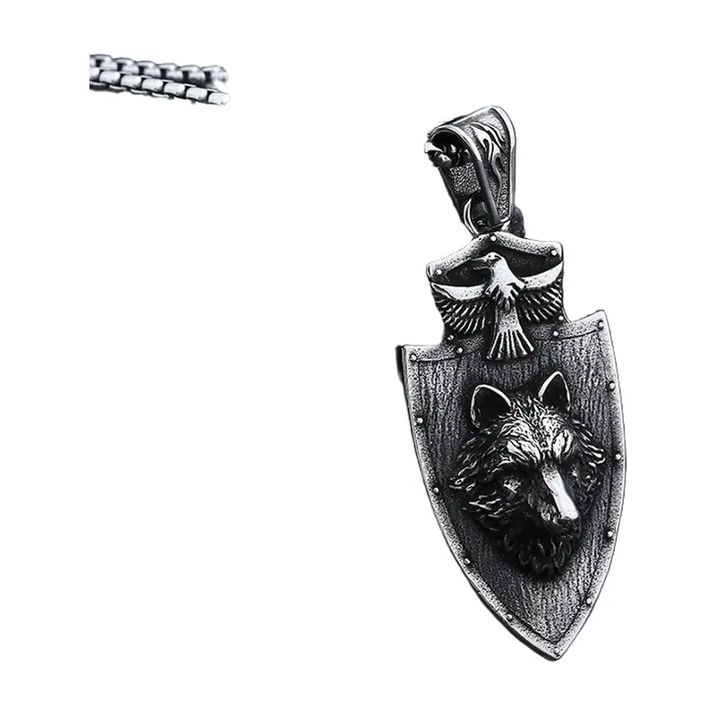 Wolfskopf-Schild Anhänger mit Boxkette, Edelstahl