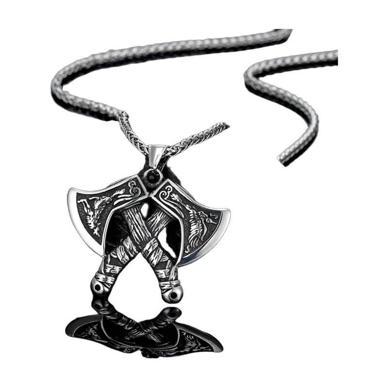 Pendentif Hache Double Viking avec Zircone Noire, Acier Inoxydable