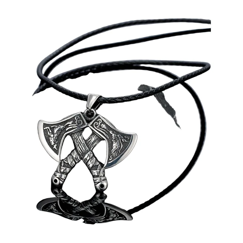 Pendentif Hache Double Viking avec Cordon Tressé, Acier Inoxydable
