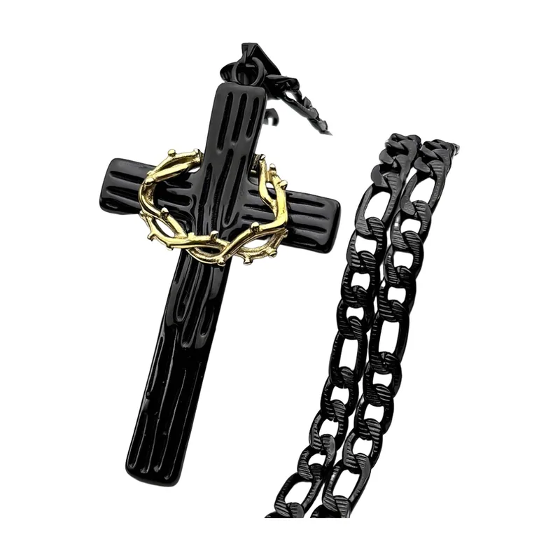 Collier Croix avec Couronne d'Épines, Acier Inoxydable