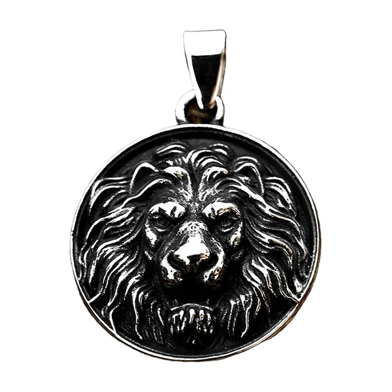 Medaillon Colgant Tête de Lion avec Chaîne, Acier Inoxydable