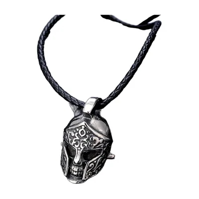 Pendentif Casque Spartiate et Crâne avec Cordon Tressé, Acier Inoxydable