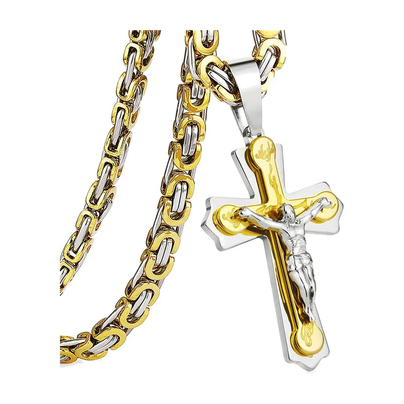 Crucifix Cross Pendant with Byzantine Chain, Stainless Steel