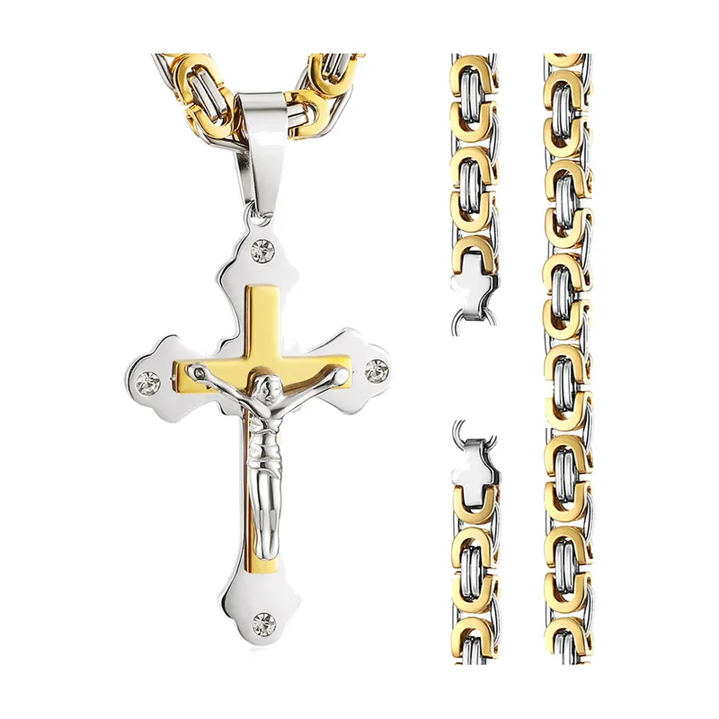 Pendentif Crucifix avec Chaîne Byzantines, Acier Inoxydable