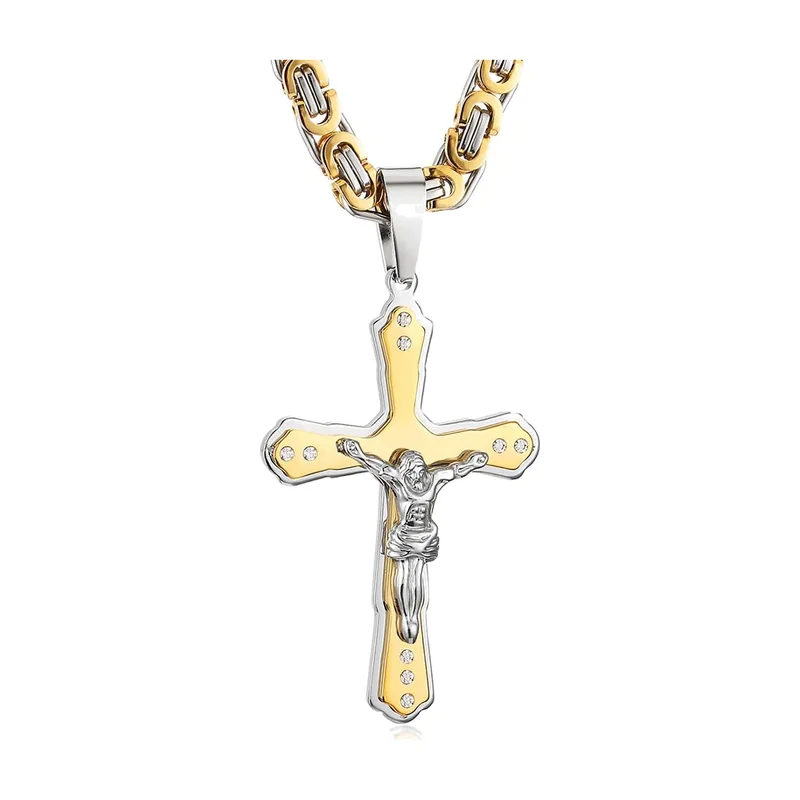 Pendentif Crucifixe avec Chaîne Byzantine, Acier Inoxydable