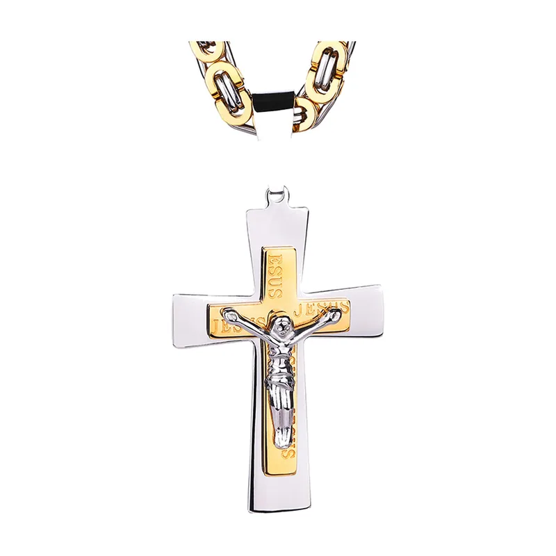 Pendentif Crucifixe avec Chaîne Byzantine, Acier Inoxydable