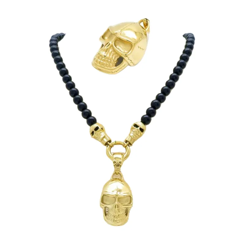 Collana con Pendente a Teschio e Catena di Perle, Acciaio Inossidabile