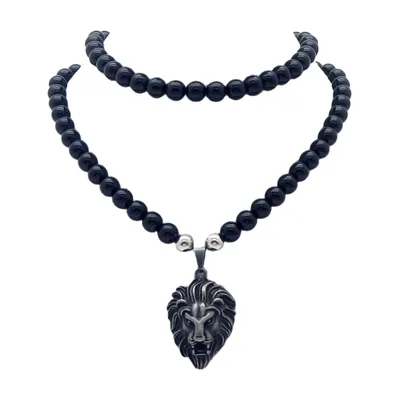 Löwenkopf-Anhänger mit schwarzer Perlenkette, Edelstahl