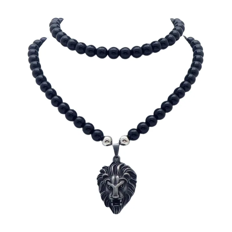 Löwenkopf-Anhänger mit schwarzer Perlenkette, Edelstahl