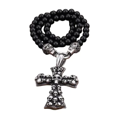Totenkopf-Kreuz Anhänger mit schwarzen Perlen, Edelstahl