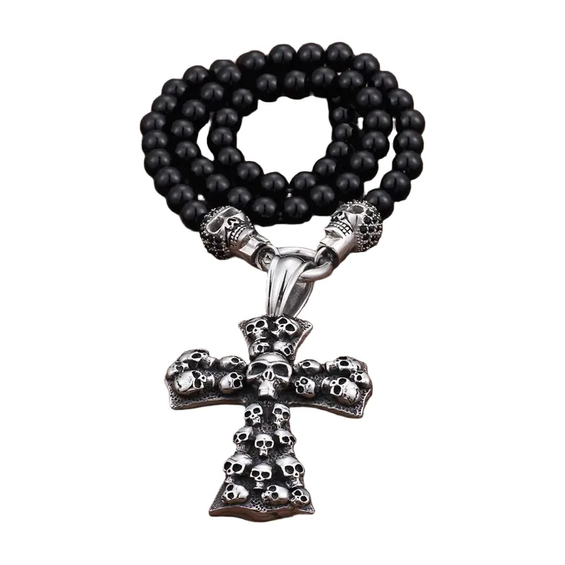 Collana Croce con Teschi e Perle Nere, Acciaio Inossidabile