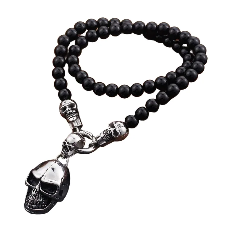 Totenkopf-Anhänger mit schwarzen Perlenkette, Edelstahl
