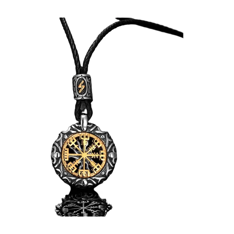 Vegvisir Compass Pendant with Nordic Rune Bead, Stainless Steel