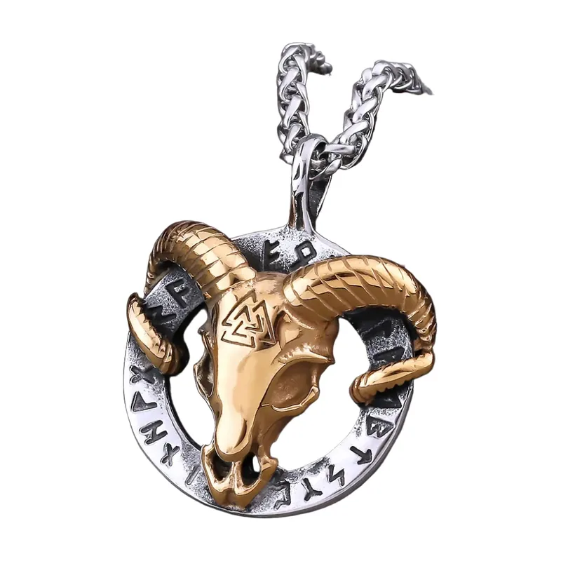 Collier Pendentif Crâne de Bélier Viking avec Valknut, Acier Inoxydable