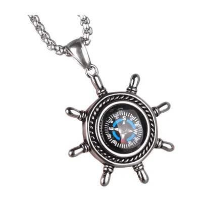 Pendentif Boussole et Gouvernail avec Chaîne, Acier Inoxydable