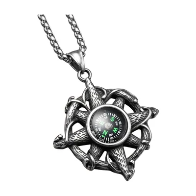 Pendentif Boussole et Gouvernail avec Chaîne, Acier Inoxydable