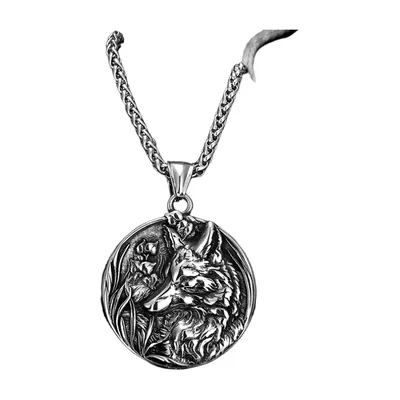 Medaillon Collier Tête de Loup avec Chaîne Maille Épi, Acier Inoxydable