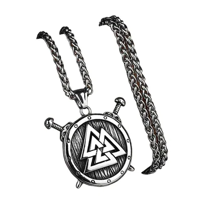 Pendentif Bouclier Viking avec Valknut et Épées, Acier Inoxydable