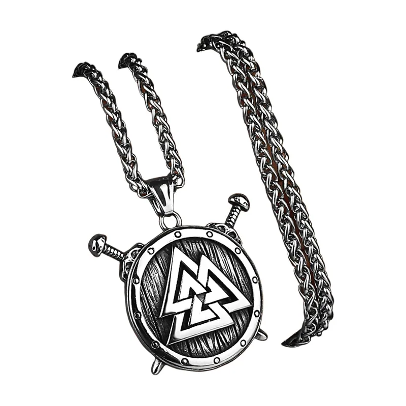 Wikinger Schild Anhänger mit Valknut und Schwertern, Edelstahl