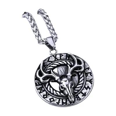 Viking Stag Skull Pendant with Rune Chain, Stainless Steel