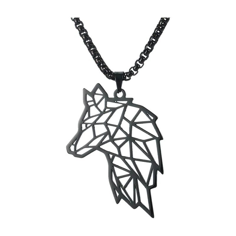 Wolfskopf Anhänger im geometrischen Design, schwarzer Edelstahl