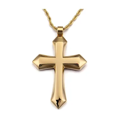 Polished Cross Pendant with Rope Chain, Stainless Steel