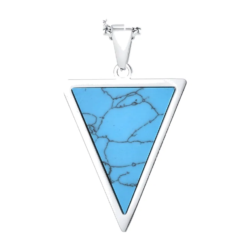 Inverted Triangle Pendant Necklace with Blue Stone, Stainless Steel