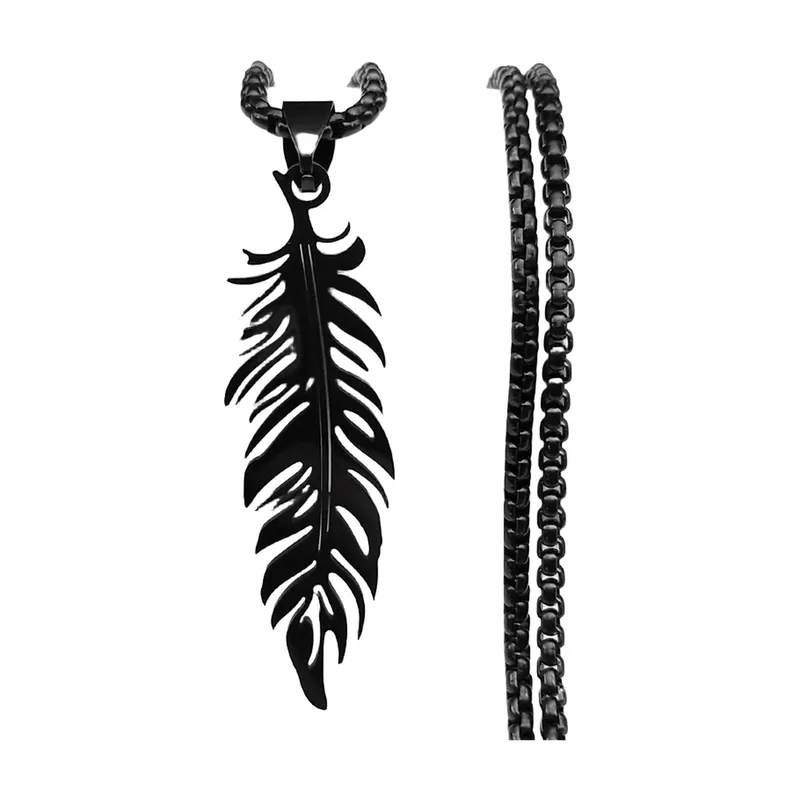 Collier Pendentif Plume avec Chaîne Assortie, Acier Inoxydable