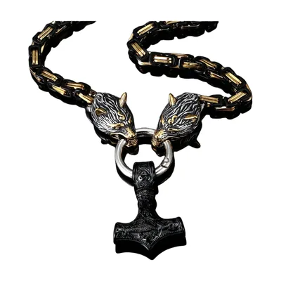 Mjölnir Hammer Anhänger mit Wolfsköpfen, Edelstahl