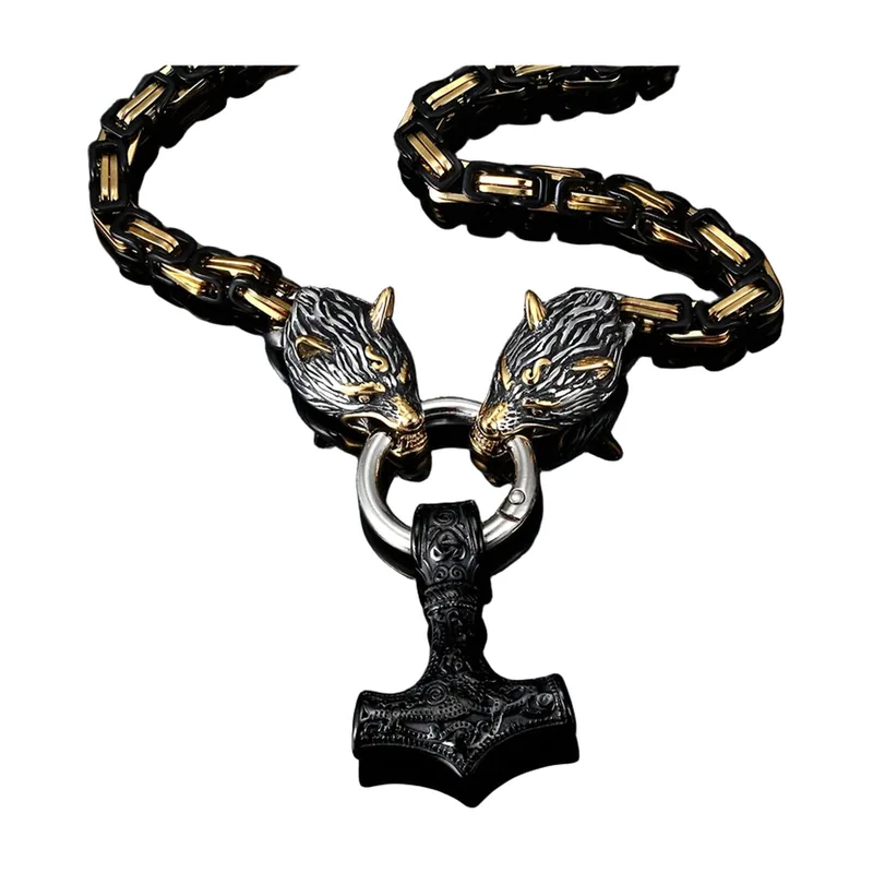 Mjölnir Hammer Anhänger mit Wolfsköpfen, Edelstahl