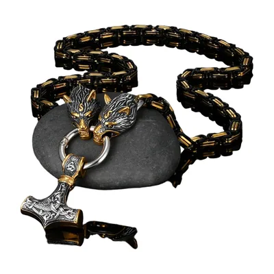 Pendentif Mjölnir avec Têtes de Loup, Acier Inoxydable