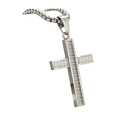 Pendentif Croix à Texture Rainurée, Acier Inoxydable