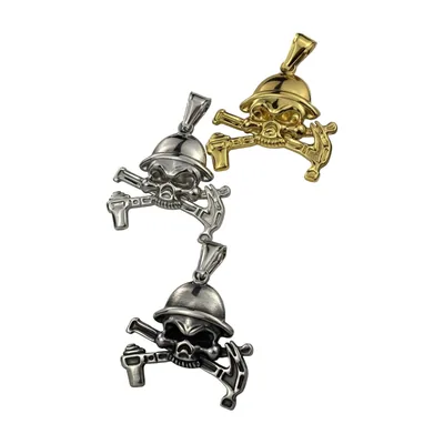 Pendente Teschio con Elmetto Militare, Pistola e Ancora, Acciaio Inox