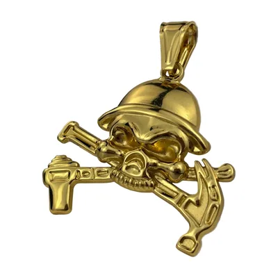 Colgante de Calavera con Casco Militar, Ancla y Pistola, Acero Inoxidable – Dorado