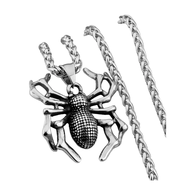Collana con Pendente a Ragno e Catena Curb, Acciaio Inox