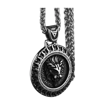 Löwenkopf Anhänger mit Zirkonia und Weizenkette, Edelstahl