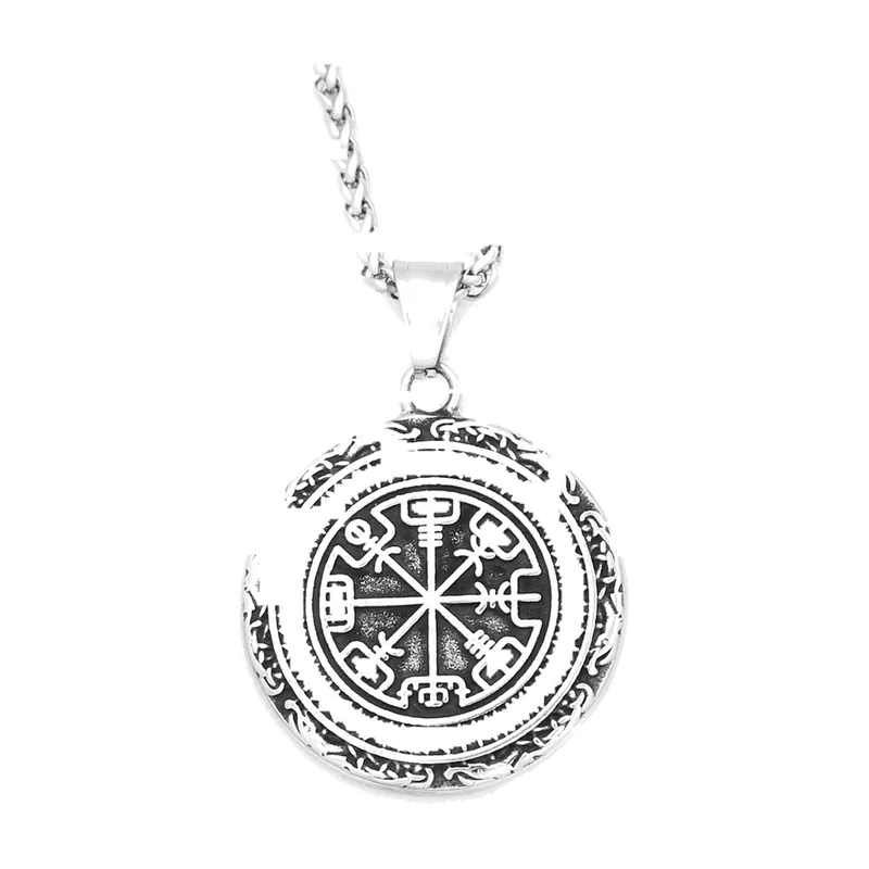 Pendentif Boussole Viking Vegvisir et Chaîne, Acier Inoxydable
