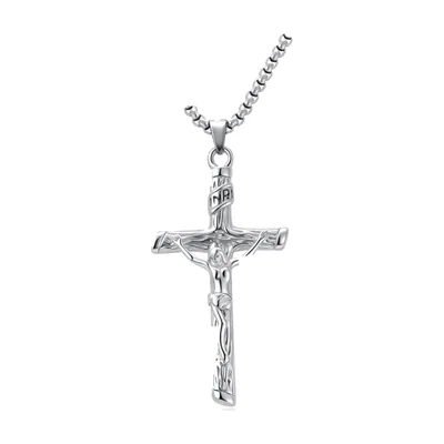 Crucifix Cross Pendant with Curb Chain, Stainless Steel