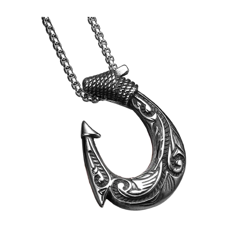 Collier Pendentif Crochet Viking avec Gravures, Acier Inoxydable