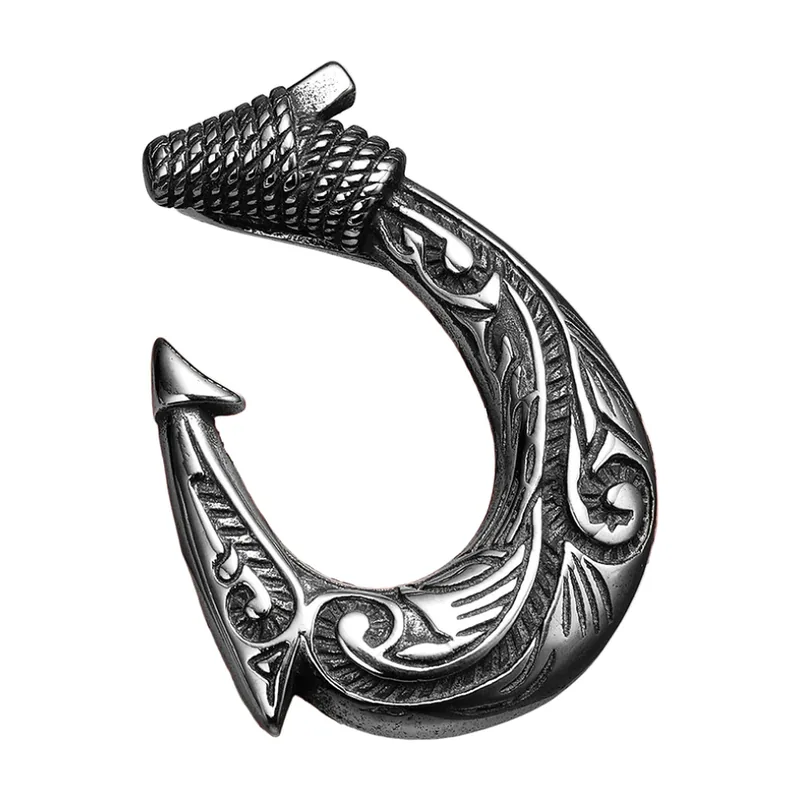 Pendentif Crochet Viking avec Gravures, Acier Inoxydable