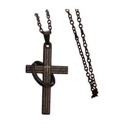Jesus Kreuz Anhänger mit Gravur und Kette, Schwarz Edelstahl