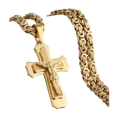 Kruzifix Kreuzanhänger mit Byzantinischer Kette, Edelstahl