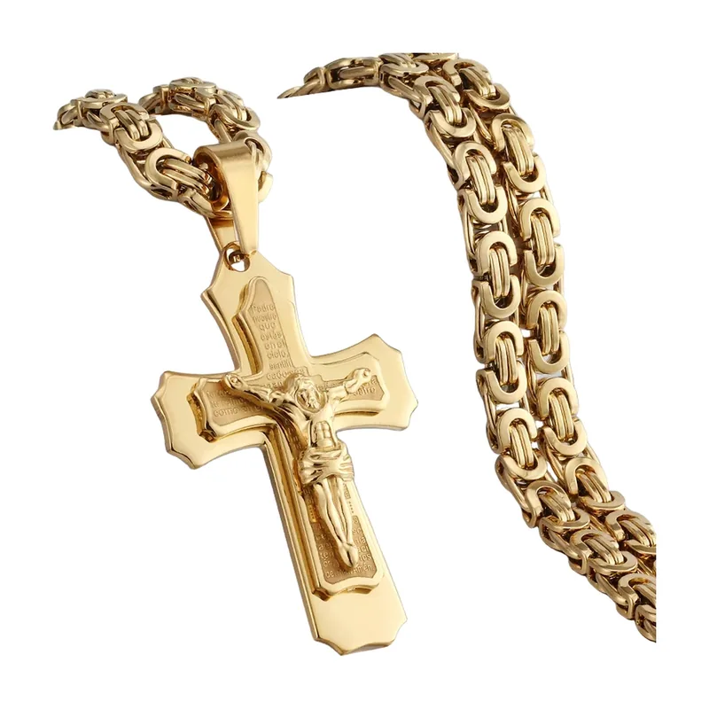 Pendentif Crucifix avec Chaîne Byzantines, Acier Inoxydable