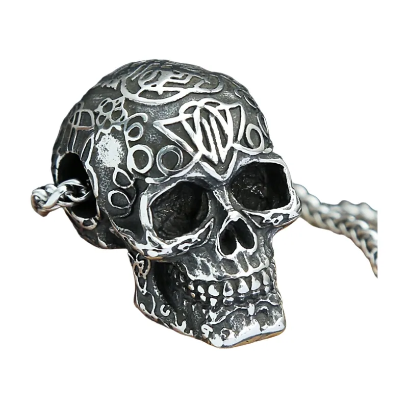 Gothic Skull Pendant with Engravings, Stainless Steel