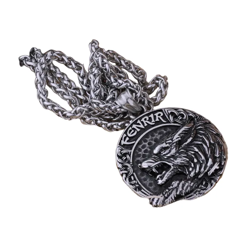 Fenrir Wolfskopf Anhänger mit Kordelkette, Edelstahl