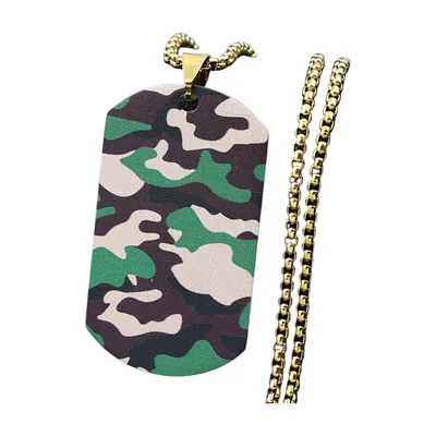 Colgante de Placa Militar Camuflaje con Cadena de Bolas, Acero Inoxidable
