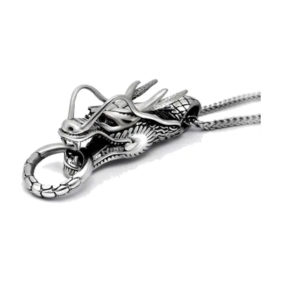 Pendentif Tête de Dragon avec Chaîne Maille Épi, Acier Inoxydable